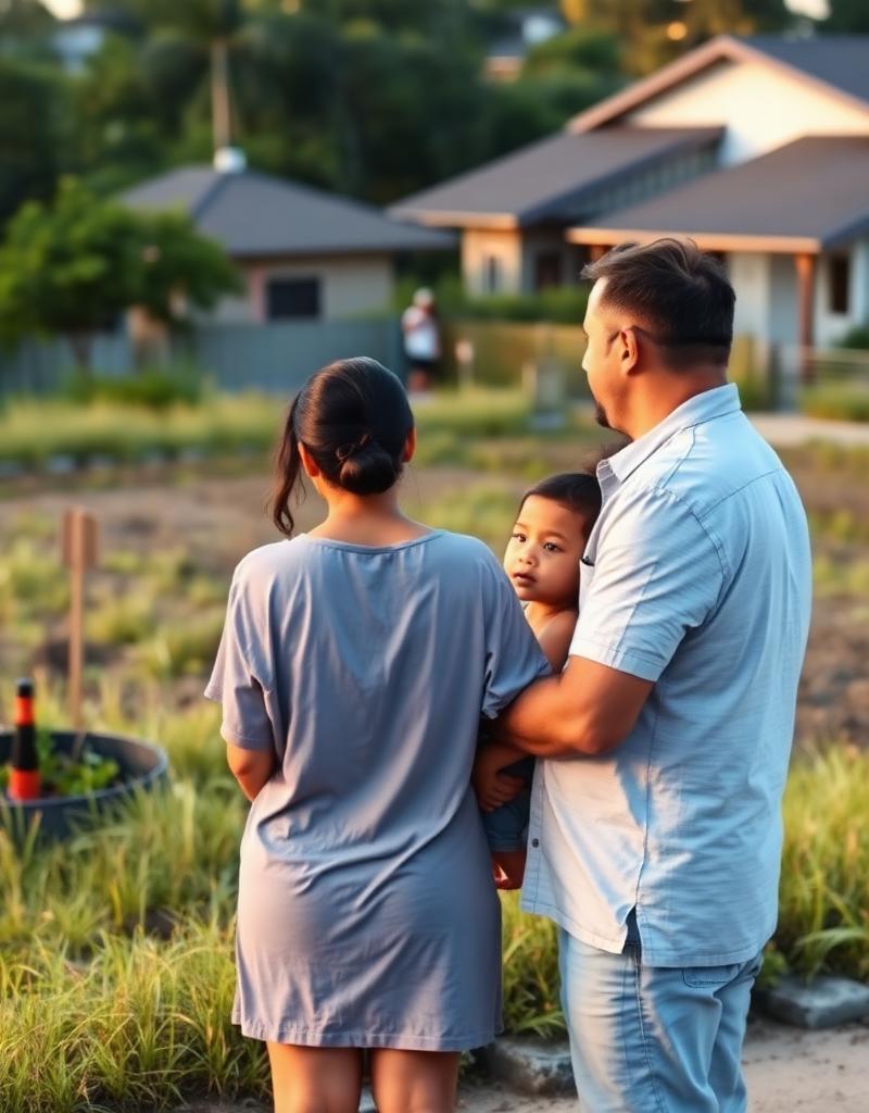 Família brasileira olhando o terreno