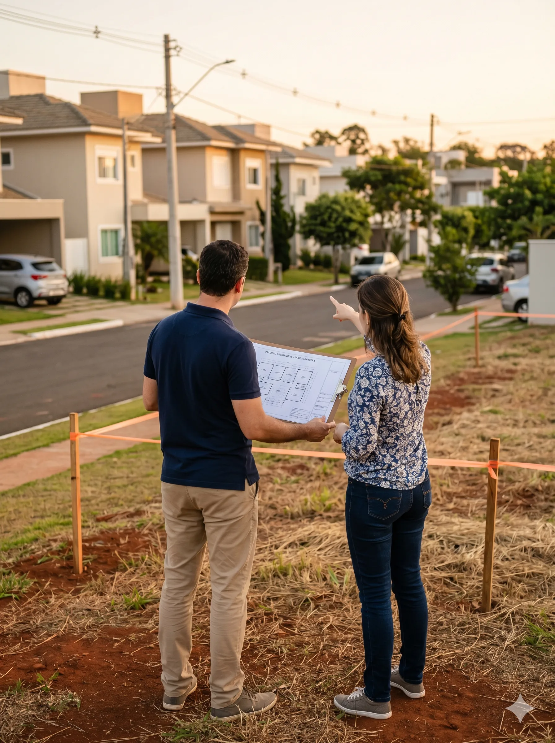 Casal no terreno analisando a planta da casa