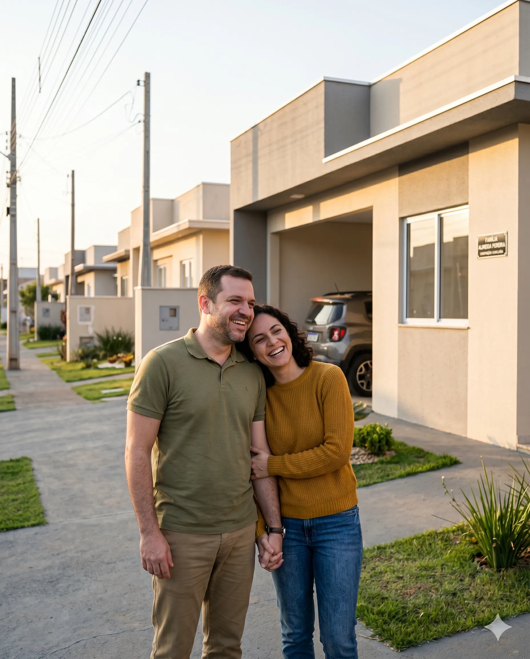Casal feliz na frente da casa própria construída