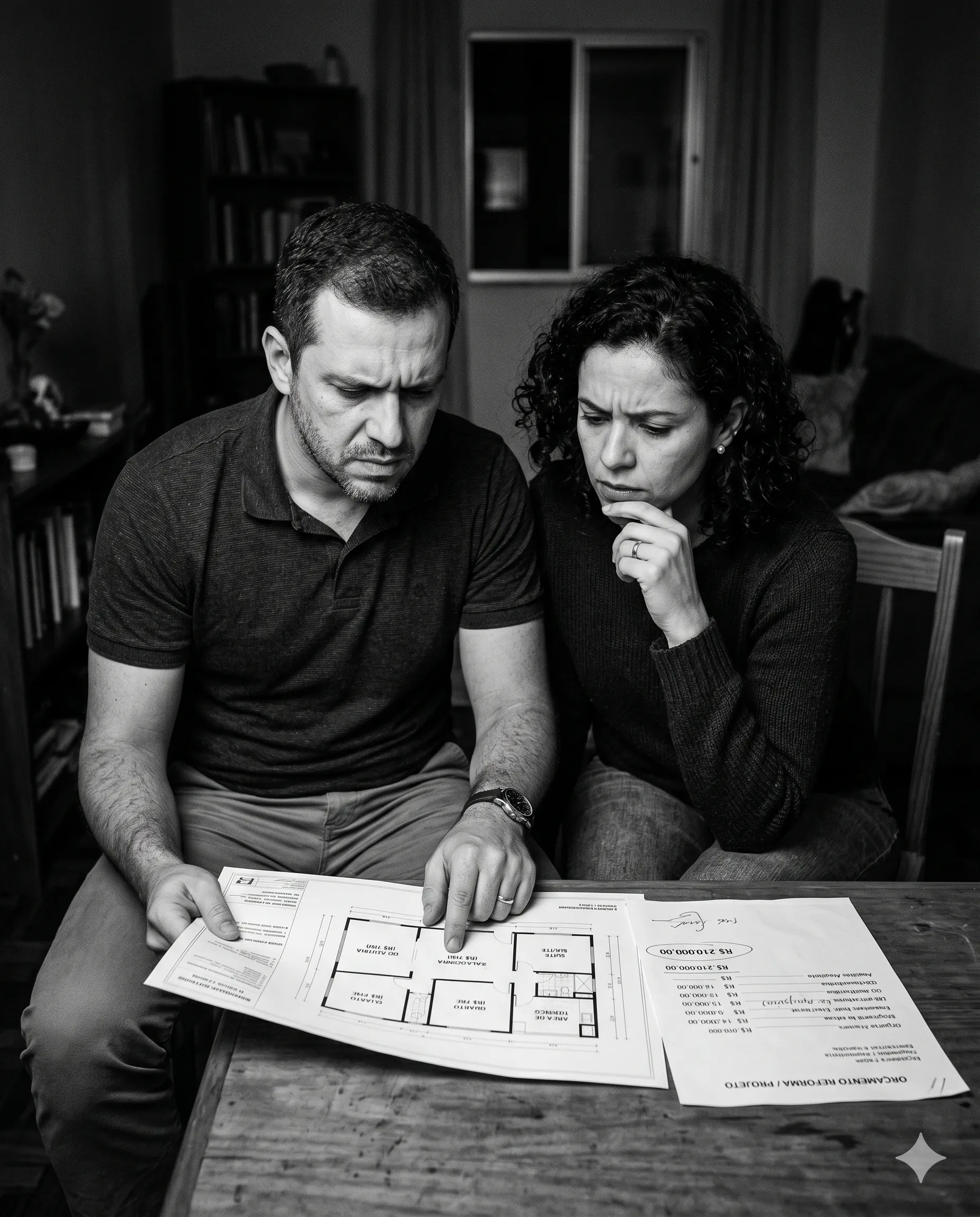 Casal frustrado analisando orçamento caro de arquiteto